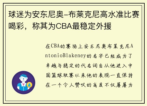 球迷为安东尼奥-布莱克尼高水准比赛喝彩，称其为CBA最稳定外援